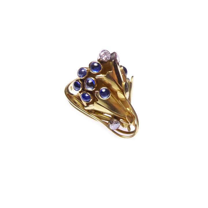 Gold, cabochon sapphire and diamond floral ring,